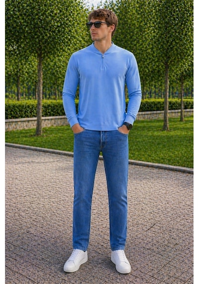 Alexandergardi Hakim Yaka Yarım Fermuarlı Erkek Sweatshirt Açık Mavi