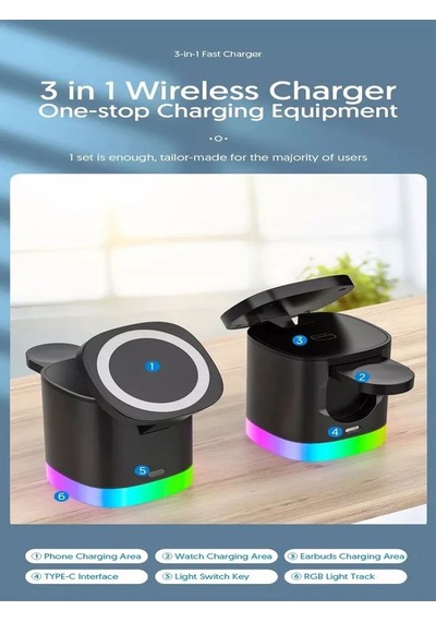 Deanb AW013 15 3 İn1 Kablosuz Mıknatıslı RGB Şarj Cihazı Beyaz