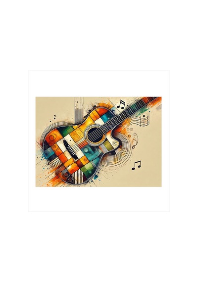 Renkli Gitar Çizimi Hediyelik Ahşap Tablo