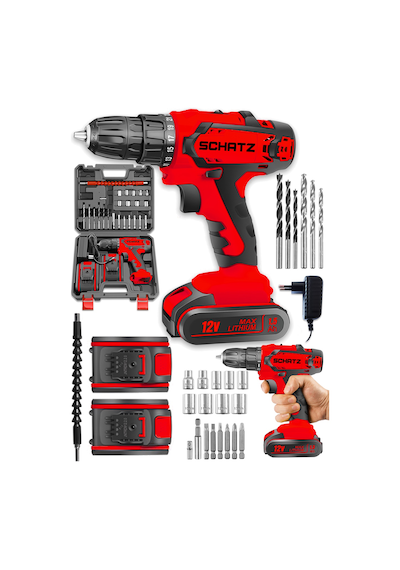 Schatz Pro 12v 1.5 Ah Darbeli Çelik Şanzıman Çift Akülü Bakır Sargılı Şarjlı Vidalama Matkap 24 Pcs Kırmızı -