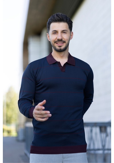 Hk Premium Çizgili Polo Yaka Slim Fit Triko Kazak Lacivert