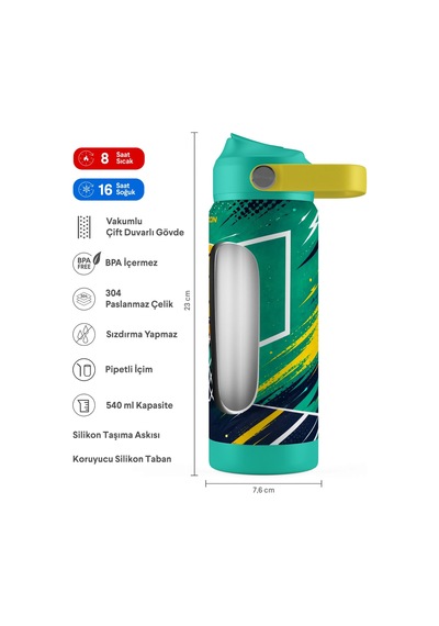 Puccon 540 Ml Basketbol Topu Baskılı Yeşil - Turuncu Erkek Çocuk Pipetli Çelik Termos Matara/suluk - 60060