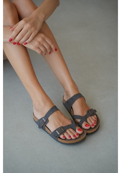 Selin Shoes Vino Çift Ayarlanabilir Tokalı Parmak Arası Kadın Terlik- Gri