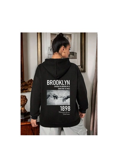 Medinenur Unisex Brokklyn Arka Baskılı Kapüşonşu Sweatshirt siyah