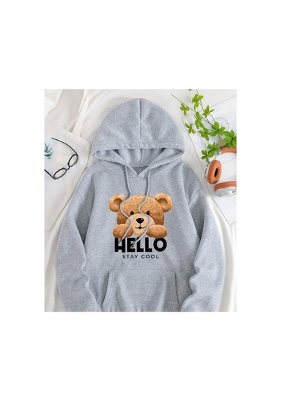 Herkesemoda Hello Stay Scool Baskı Detaylı Kapüşonlu Sweatshırt Gri Gri