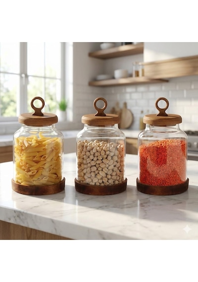 3&apos Lü Ring Serisi Akasya Kapaklı Ve Tabanlı Borosilikat Cam Kavanoz Seti - 1100 Ml Vakumlu Bakliyat Ve Kurabiye Saklama Kabı 20x11.5 Cm