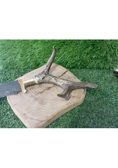 Tctknives Damascus Serisi El Yapımı Av Kamp Bıçağı Boynuz Kabzeli 0000 Kahverengi