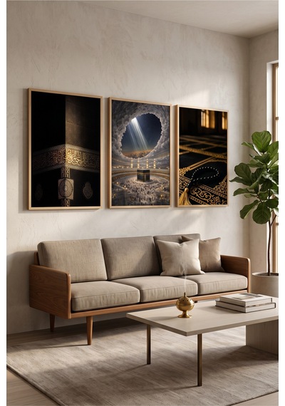 Doğal Ahşap Çerçeveli Dini Kabe Temalı Duvar Tablosu 3 Lü Set Siyah Gold İslami Desenli Modern Dekorasyon Kabartma Görünümlüdür Bej Doğal Ahşap Çerçeveli Dini Kabe Temalı Duvar Tablosu 3 Lü Set Siyah Gold İslami Desenli Modern Dekorasyon Kabartma Görünümlüdür Bej