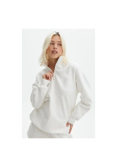 Veraura Lifestyle Unisex Uzun Kol Yarım Farmuarlı Yakalı Basic Sweatshirt - Beyaz