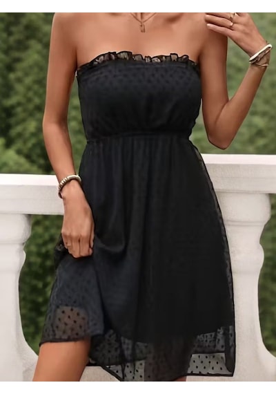 Efnaz Style Kadın Omuzlardan Açık Madonna Yaka Kısa Ponponlu Şifon Elbise Siyah