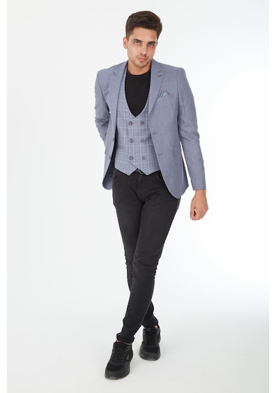 Sposo 5139 Ekose Yelekli Dar Kalıp Gri Erkek Blazer Ceket Gri