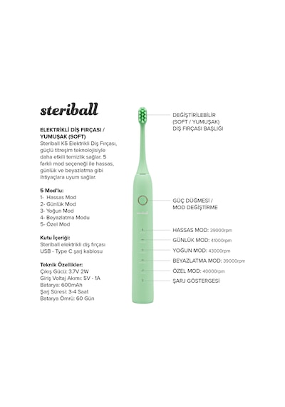 Steriball Elektrikli Diş Fırçası Yeşil - 5 Farklı Mod Değiştirilebilir Fırça Başlığı Type-c Şarj Şarjlı