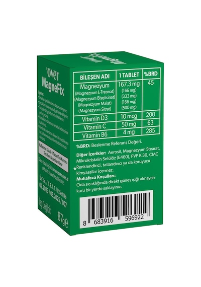 Dr. Over Magnefix Magnezyum Vitamin C, D3 ve B6 İçeren İçeren Gıda Takviyesi 60 Tablet