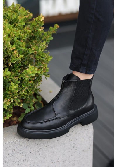 Shoetyle - Siyah Deri Fermuarlı Erkek Bot 250-085-1077 Siyah