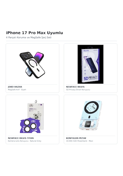 İphone 17 Pro Max Uyumlu 4'lü Magsafe Şarj Ve Tam Koruma Seti - Kılıf, Privacy Cam, Kamera Lens, 10000 Mah Powerbank 01 İphone 17 Pro Max Uyumlu 4'lü Magsafe Şarj Ve Tam Koruma Seti - Kılıf, Privacy Cam, Kamera Lens, 10000 Mah Powerbank 01