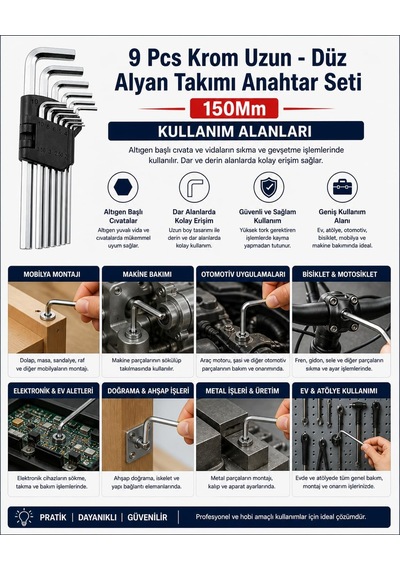 9 Parça Krom Uzun Düz Alyan Anahtar Seti 150 Mm 2 10 Mm Dayanıklı Çelik Allen Anahtar Takımı