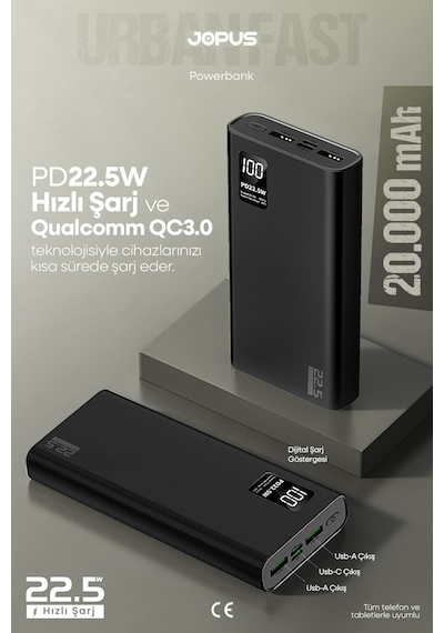 Jopus 20000mah Powerbank Pd 22.5w Hızlı Şarj - Dijital Ekranlı - Taşınabilir Şarj Cihazı Siyah
