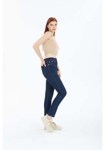 Kadın Mavi Yüksek Bel Yumuşak Dokunuşlu Rahat Kesim Mom Jeans Kot Pantolon Koyu Mavi