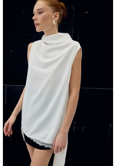 Sateen Dantel Detaylı Degaje Yaka Bluz - Ekru-137045 Ekru