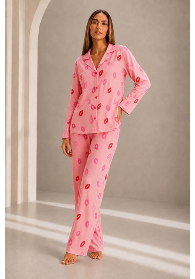 Fit Women Kadın Önden Düğmeli Uzun Kollu Pembe Pijama Takımı