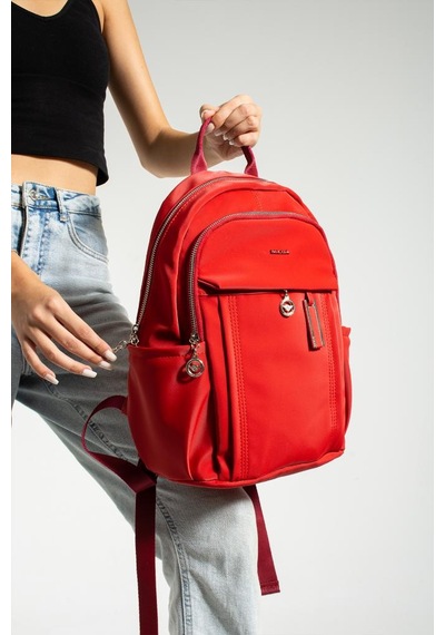 Baginn Saten Kumaş Kadın Sırt Çantası 38 28 Cm Yağmur İtici Kumaş Mega Bag Günlük Kullanıma Uygun Kırmızı