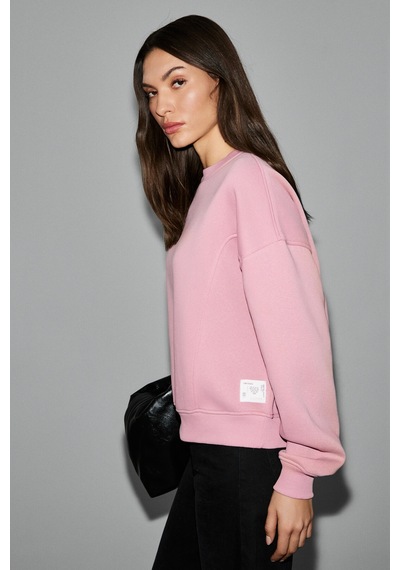 Grimelange Serenya Kadın Pamuklu Etiket Detaylı Bisiklet Yaka Pembe Sweatshirt Pembe