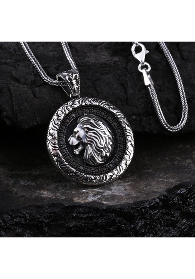Otantik Motifli Zirkon Taşlı Gümüş Aslan Kolye Gümüş