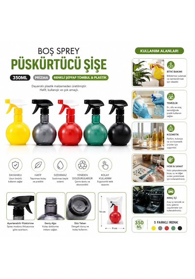 Go İthalat 350ml Prizma Renkli Şeffaf Tombul - Plastik Boş Sprey Püskürtücü Şişe Çok renkli