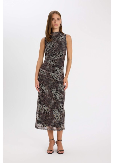 DeFacto Bodycon Vücuda Oturan Bisiklet Yaka Leopar Desenli Tül Kolsuz Maxi Elbise -  D5061AX24AUBN192