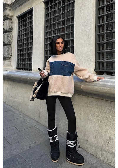WeShaya Kadın Taş Polyester Bisiklet Yaka Uzun Kollu Sweatshirt Taş