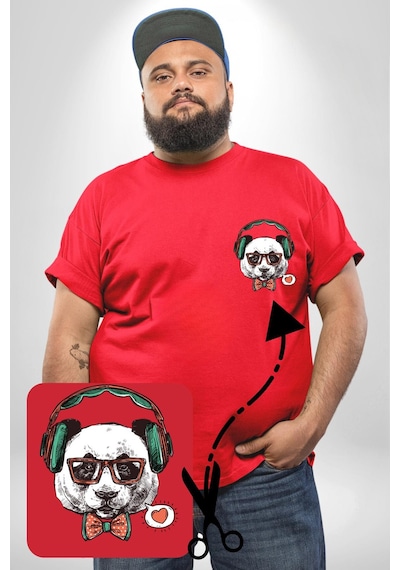 Angemiel Kulaklıklı Hipster Portre Panda Kırmızı Büyük Beden Kadın Basic Minimal Baskılı Tişört Kırmızı