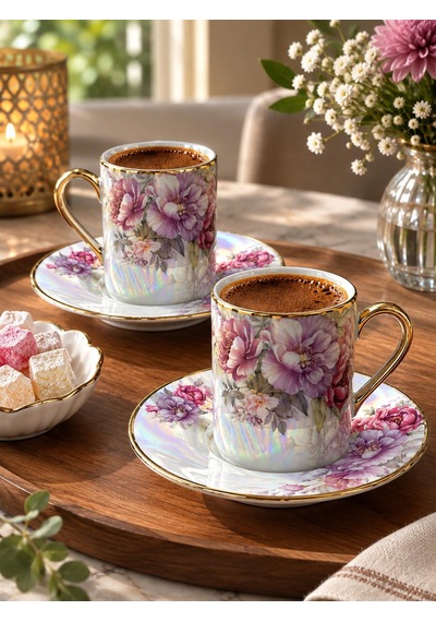 2 Kişilik Sedef Efektli Çiçek Desenli Porselen Kahve Fincan Takımı Rose Kırmızı