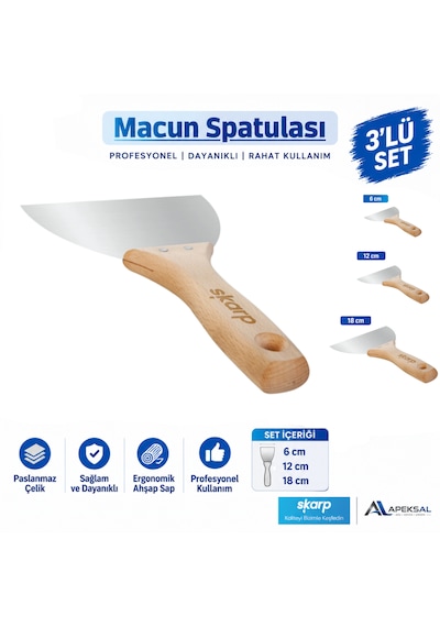 3 Lü Set Profesyonel Macun Spatulası 6-12-18 Cm Esnek Paslanmaz Çelik Ahşap Saplı