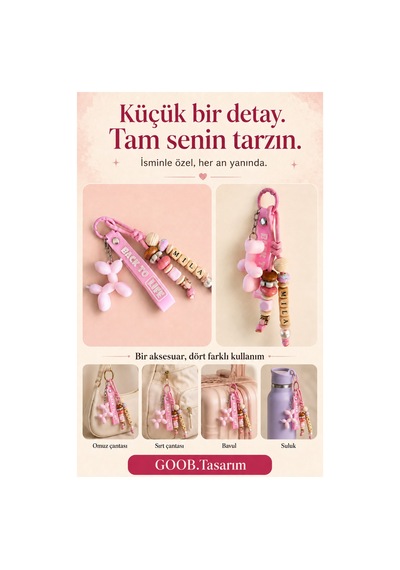 Genel Markalar Kişiye Özel Çanta Aksesuarı/isimlik Ahşap/charm Pembe Pembe