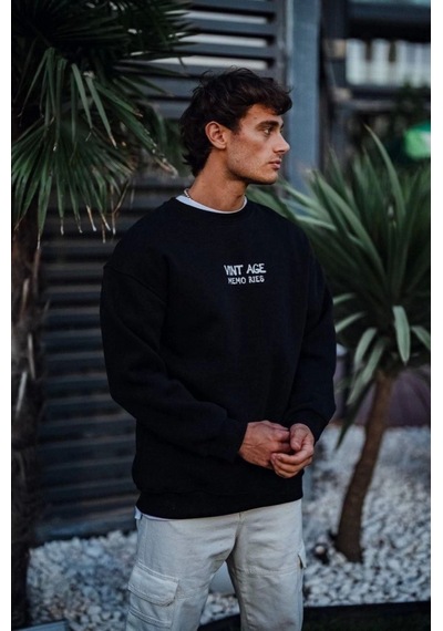 Suma Oversize Bisiklet Yaka Üç İplik Baskılı Sweatshirt - Siyah