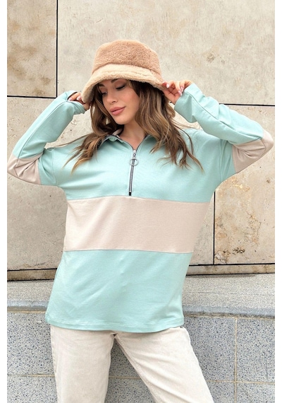 WeShaya Kadın Mint Uzun Kol, Dik Yaka, Fermuarlı, Double Color Block Basic Sweatshirt Bluz Mint WeShaya Kadın Mint Uzun Kol, Dik Yaka, Fermuarlı, Double Color Block Basic Sweatshirt Bluz Mint