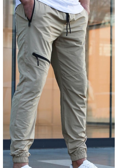 Bej Fermuar Detaylı Paraşüt Jogger Pantolon Bej
