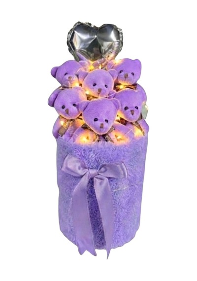 Kadınlar Gününe Özel: Deluxe Led Işıklı Mor Peluş Silindir Kutuda, Kalpli Balonlu 6 Lı Mor Ayıcık Buketi - Sevdiğine Hediye