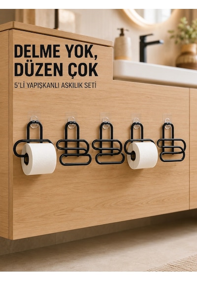 Mey İthalat Siyah Metal Tuvalet Kağıdı Tutucu 5 Li Set Yapışkanlı Duvar Tipi Banyo Wc Askısı Çok Renkli