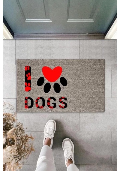 Dijital Baskı Gri Kırmızı Kalpli Patili I Love Dogs Dekoratif Kapı Paspası K-2076 Renkli