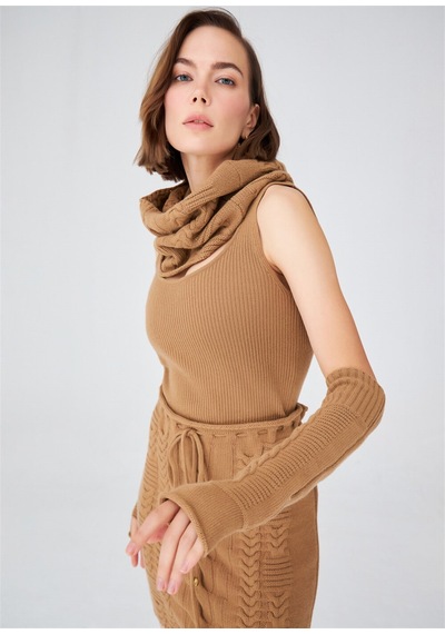 Peraluna Saç Örgü Desenli Uzun Kadın Triko Eldiven Camel Camel-Standart Camel