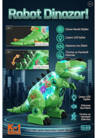 Vardem Oyuncak K-1 Gear Şeffaf Gövdeli Işıklı Sesli Yürüyen T-rex Robot Dinozor Yeşil Çok Renkli