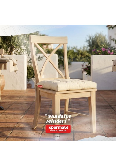Pofuduk Sandalye Minderi Bağcıklı 40x40 Cm Yıkanabilir Dekoratif Mutfak Bahçe Piknik Minderi Krem