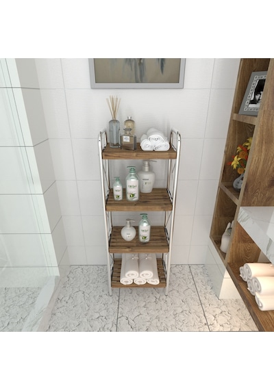 Sahra Krom 4 Katlı Ahşap Raf Banyo Köşe Rafı Düzenleyici Organize Krom