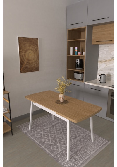 Vilinze Avanos Ahşap Açılır Kapanır Mdf Mutfak Masası - 70x120+30 Cm Naturel Beyaz