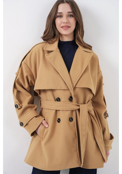 Bigdart Kadın Kuşaklı Oversize Kaşe Kaban 9157 - Hardal