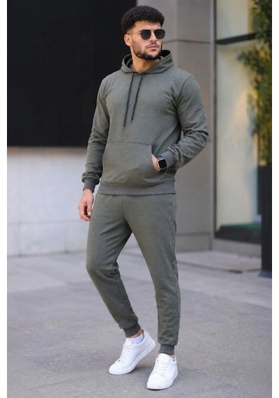 Freedom Storee Erkek İki İplik Kapüşonlu Kanguru Cepli Sweatshirt Jogger Pantolon Alt Üst Eşofman Takımı - Haki Çok Renkli