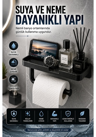 Siyah Yapışkanlı Raflı Tuvalet Kağıdı Askılığı Delmeden Montaj Banyo Organizer Telefon Rafı Askısı