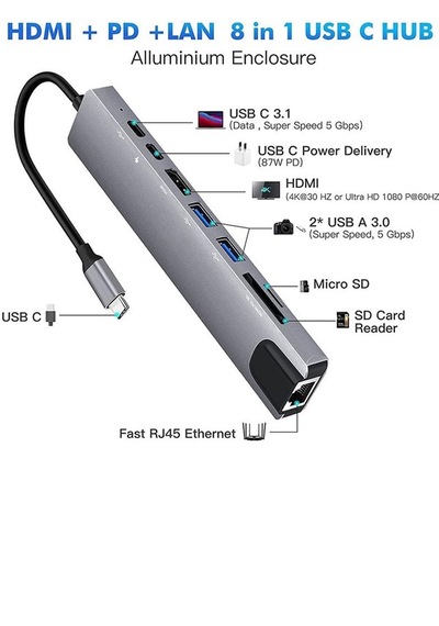 Type C To Hdmi Usb 3.0 Sd Microsd 8 İn 1 Kart Rj45 Ethernet Çevir