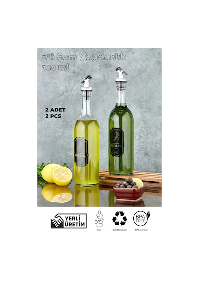 Cam Yağdanlık, Zeytinyağı Sıvı Yağ Şişesi 750 Ml - 2 Adet - Yeşil Açık Yeşil